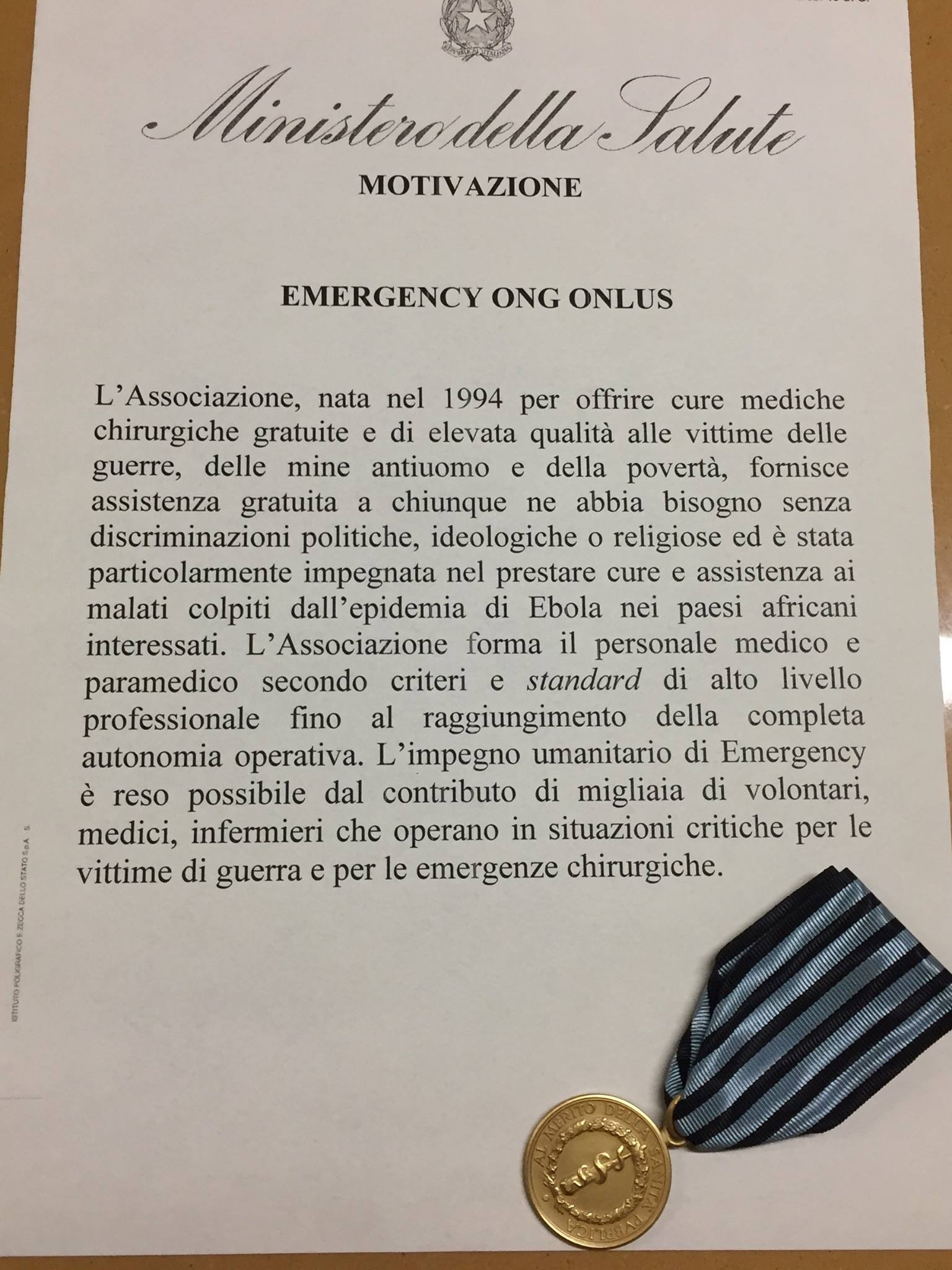 La Medaglia d'oro al merito della sanità pubblica assegnata a EMERGENCY